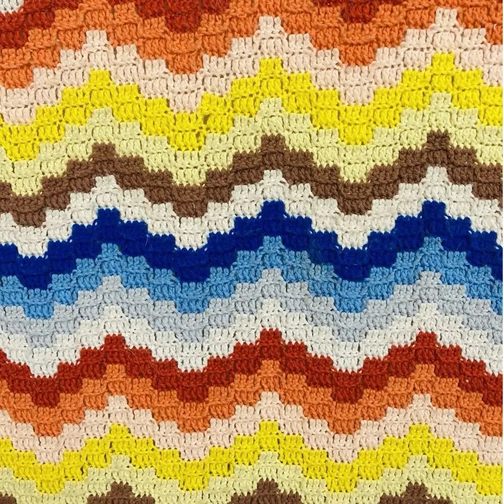 Vintage 70s 80s Handmade Afghan Crochet Blanket Wave Chevron Sunset Fall Blue Or